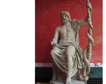 アスクレーピオスの座像（左にシンボルの蛇）